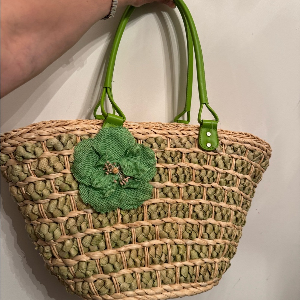 Green Floral Woven Tote Bag